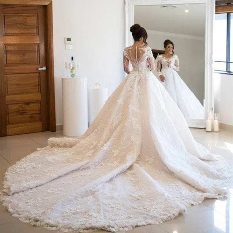 Full Beading Ball Dress Illusion Long Sleeve Open Back Wedding Gowns Bride Dresses 0523