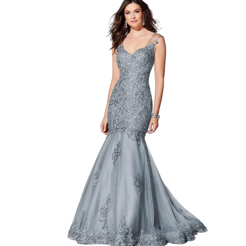 Elegant Mermaid Lace Mother of the Bride Dresses Gray Applique Sweetheart Neck Open Back Sleeveless Straps Long Wedding Party Gowns Plus Size Evening 