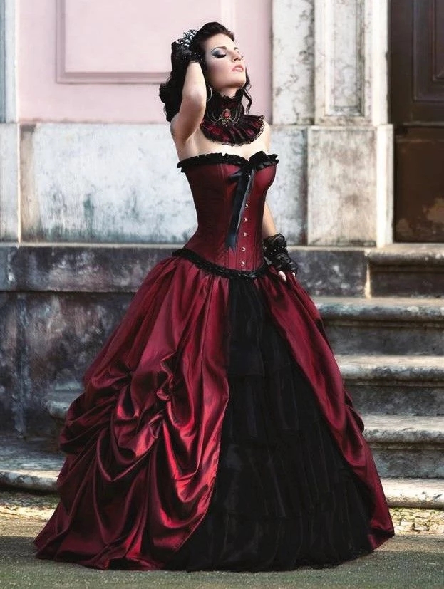Victorian burgundy and Black Wedding Dress with Jacket Plus Size Gothic Applique Lace-up Corset Pleated Beauty Bride Gowns