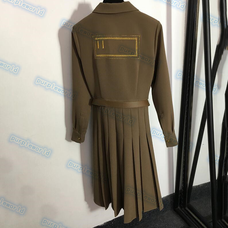 Embroidered Lettering Dresses Women Long Sleeve Pleated Dress Fashion Waist Belt Female Long Skirts