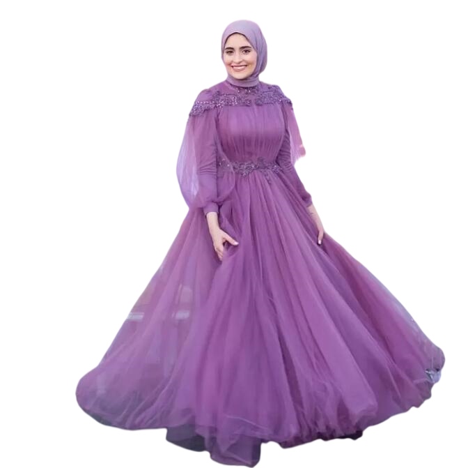 Lilac Lavender Beaded Muslim Prom Dresses High Neck Appliqued Long Sleeves Ankle-length Hijab Middle East Evening Gowns
