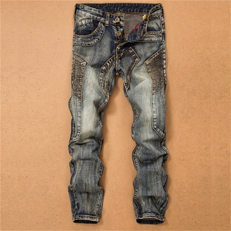 Men's Jeans Men'S Pants Splicing Jean Denim Trousers Biker High Quality Male Straight Casual Many Multi-Pocket Comfortable 220830