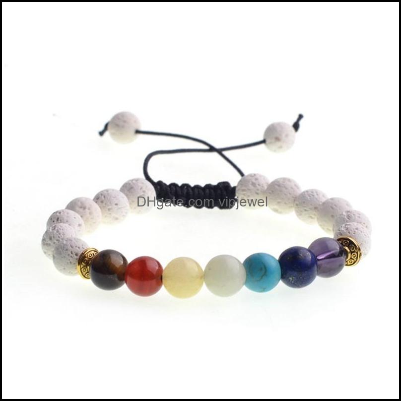 Beaded Strands 12-Pack 7Chakra Bracelet Lava Rock Diffuser Elastic Adjustable Essential Oil 7 Chakra Beads Energy Mens / Womens Drop Dhsxa