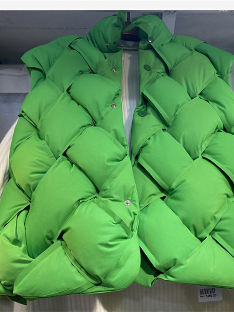 Women's Trench Coats Women Green Black Stand Collar Parkas Coat 2022 Loose Fashionable Woven Pattern Lady Single Breasted Sleeveless Vest