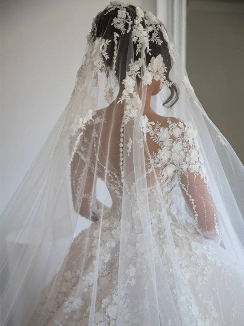 Full Beading Ball Dress Illusion Long Sleeve Open Back Wedding Gowns Bride Dresses 0523