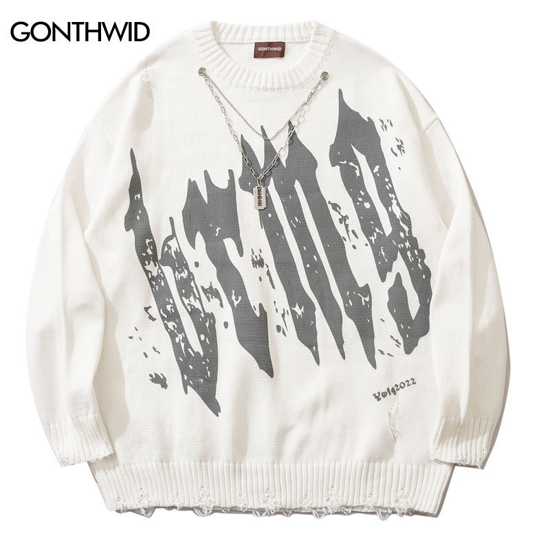 Men's Sweaters Hip Hop Knitted Sweater Harajuku Graffiti Ripped Hole with Chain Jumpers Sweater Autumn Korean Casual Pullover Sweaters 220831