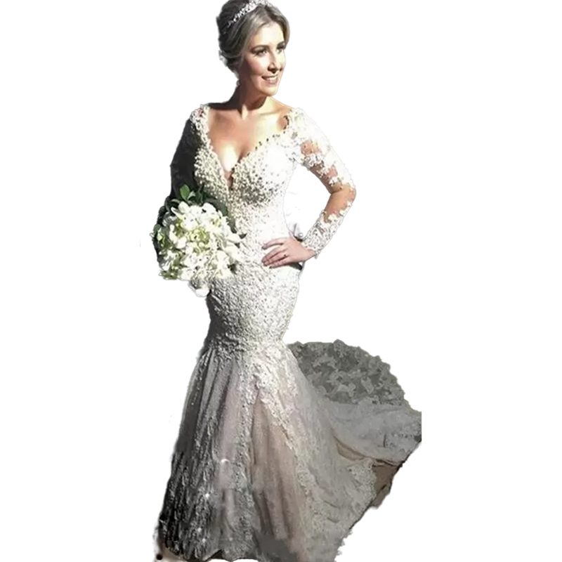 Vintage Long Sleeve Lace Mermaid Wedding Dresses 2022 Ivory Appliques With Champagne Lining Pearls Beaded V-Neck Chapel Bridal Gowns
