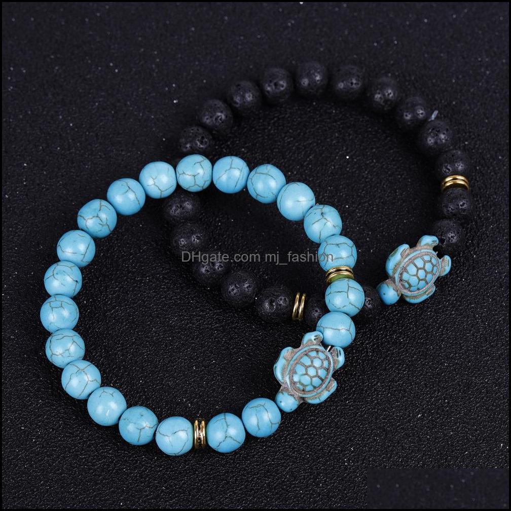 Charm Bracelets Sea Turtle Lava Beads Bracelets Classic 8Mm Turquoise Stone Elastic Friendship Bracelet Beach For Women Dhseller2010 Dhiyd