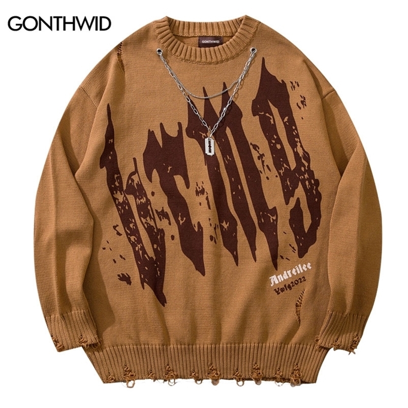 Men's Sweaters Hip Hop Knitted Sweater Harajuku Graffiti Ripped Hole with Chain Jumpers Sweater Autumn Korean Casual Pullover Sweaters 220831, Brown
Men's Sweaters Hip Hop Knitted Sweater Harajuku Graffiti Ripped Hole with Chain Jumpers Sweater Autumn Korean Casual Pullover Sweaters 220831, Brown