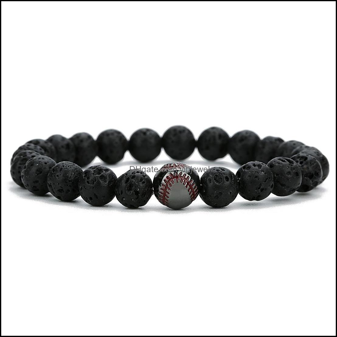 Charm Bracelets Copper Baseball Ball Charms Strand Bracelet 8Mm Black Lava Stone Beads Volcano Diy Essential Oil Diffuse Dhseller2010 Dh4Am