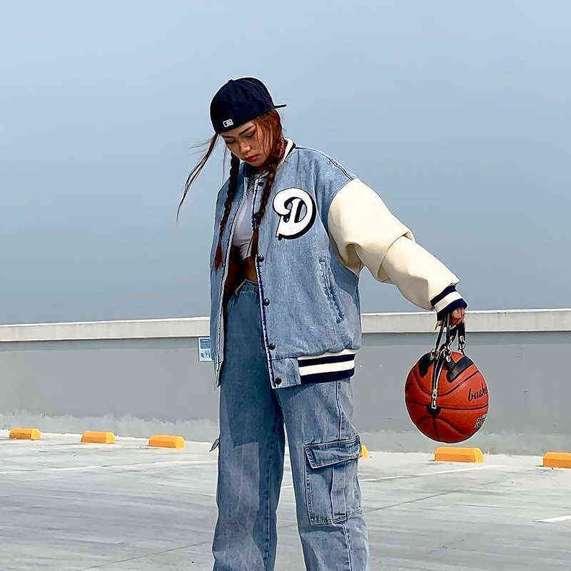 Women's Jackets Lygens Letter Embroidery Long Sleeve Denim Jacket Patchwork Pocket Loose Oversize Streetwear 2021 Women Autumn Winter Clothing T2