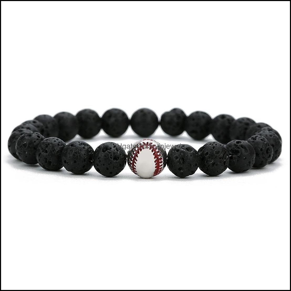Charm Bracelets Copper Baseball Ball Charms Strand Bracelet 8Mm Black Lava Stone Beads Volcano Diy Essential Oil Diffuse Dhseller2010 Dh4Am