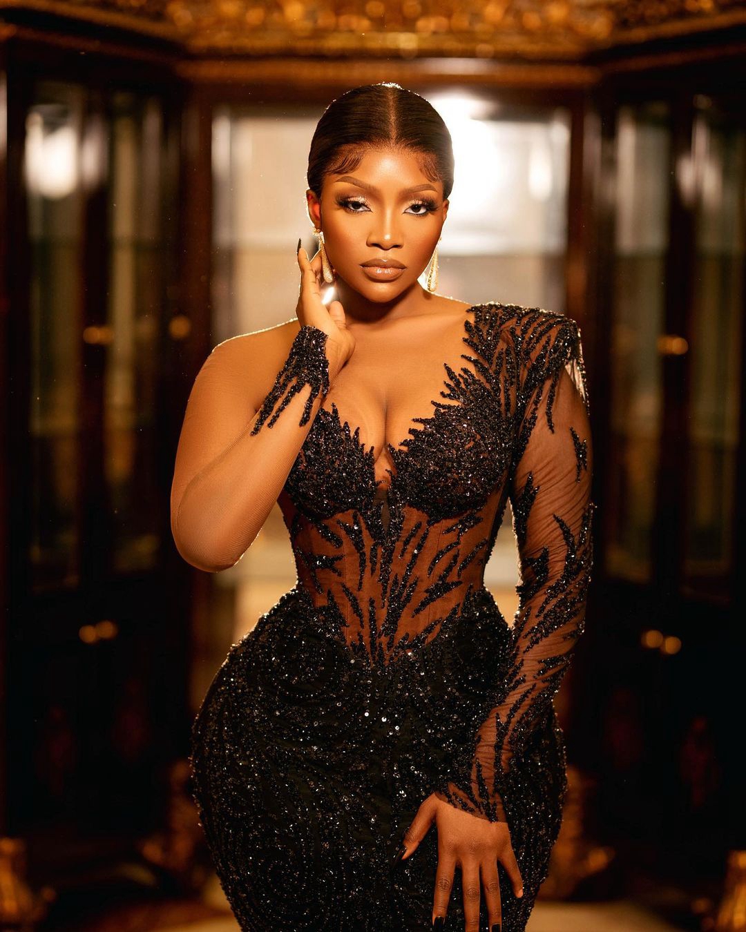 Sparkly Black Mermaid Evening Dresses 2023 Arabic African Lace Sequined Long Sleeve Women Plus Size Formal Prom Gowns