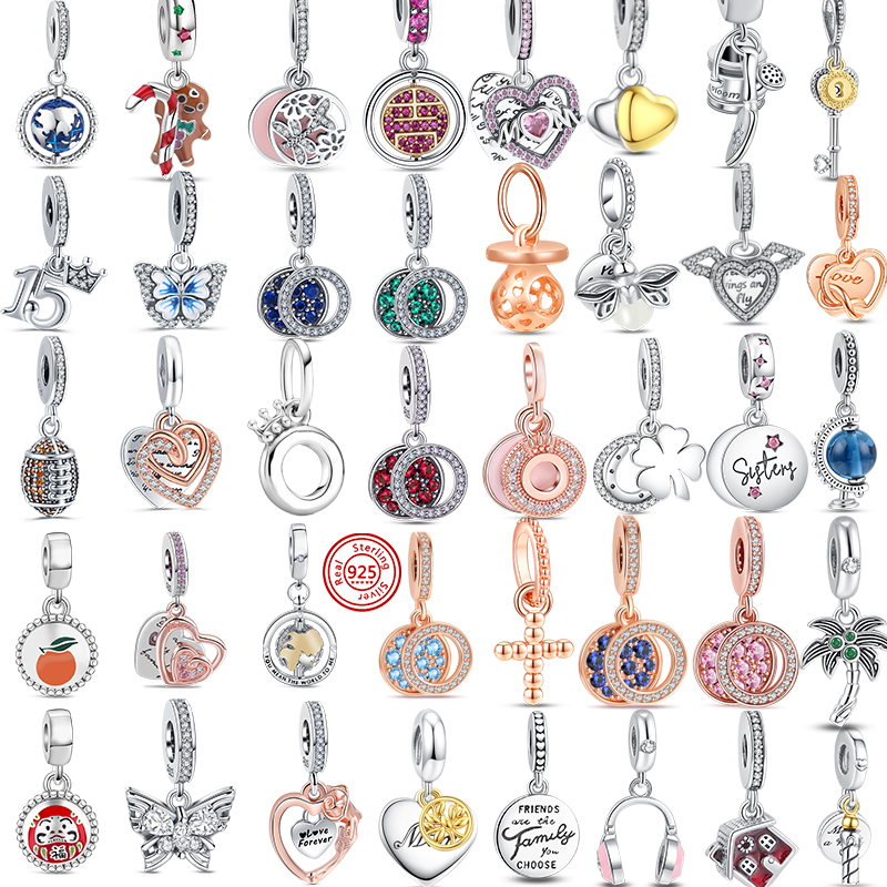 S925 Silver Charm bead fit Charms Bracelet Double Dangle Charm Beads Bracelets Pave Sparkg Heart charmes ciondoli DIY Fine Beads Jewelry