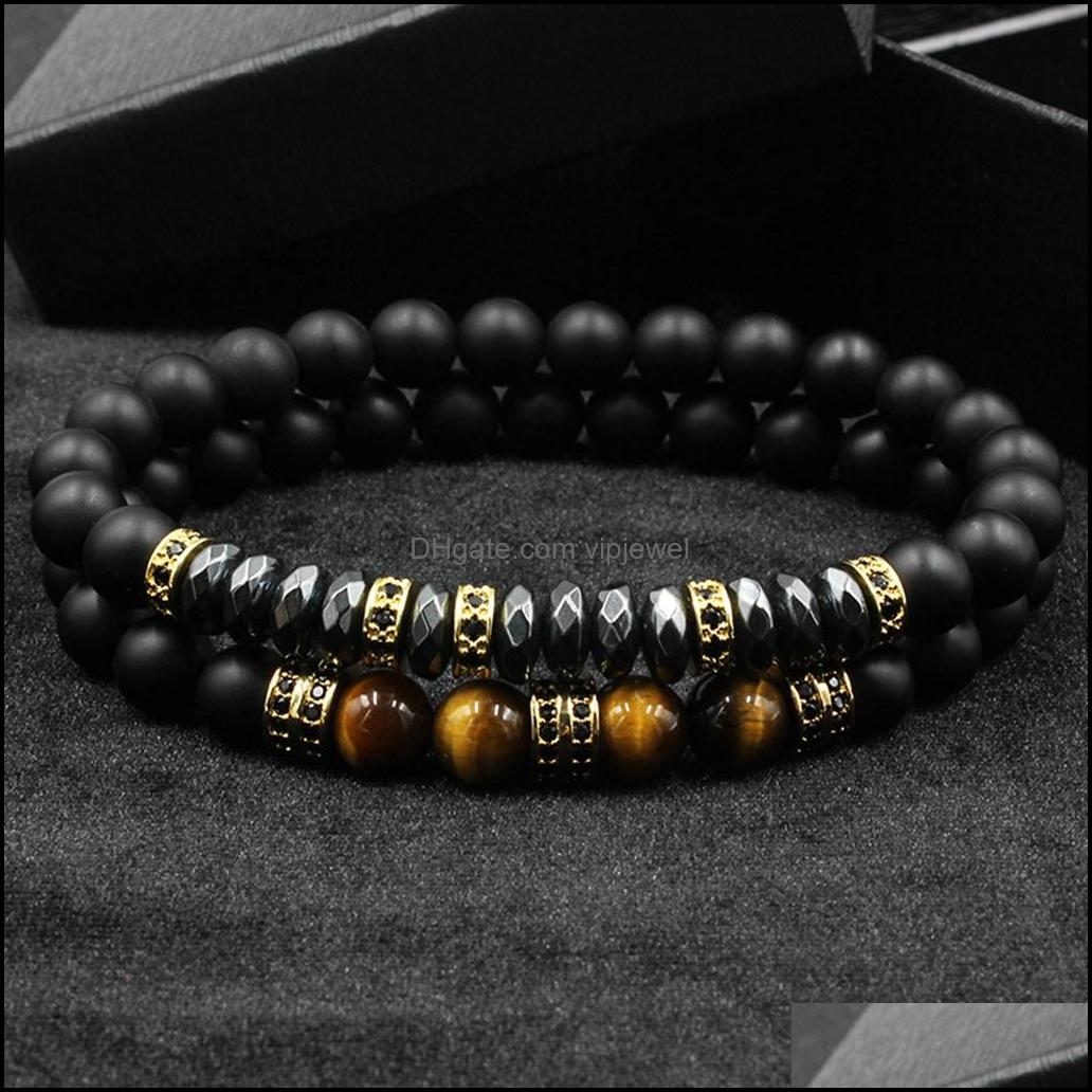 Beaded Strands 10Pc/Set 2Pcs Black Beads Bracelet Set For Men Women Healing Energy Bracelets Handmade Jewelry Drop Delivery 2021 Dhse Dhme1