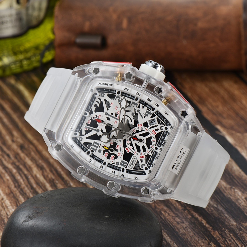 new Mens Watch Luxury Designer Sport Watches Fashion Transparent case 44mm Chronograph Wristwatches Silicone Strap Quartz Men Clock