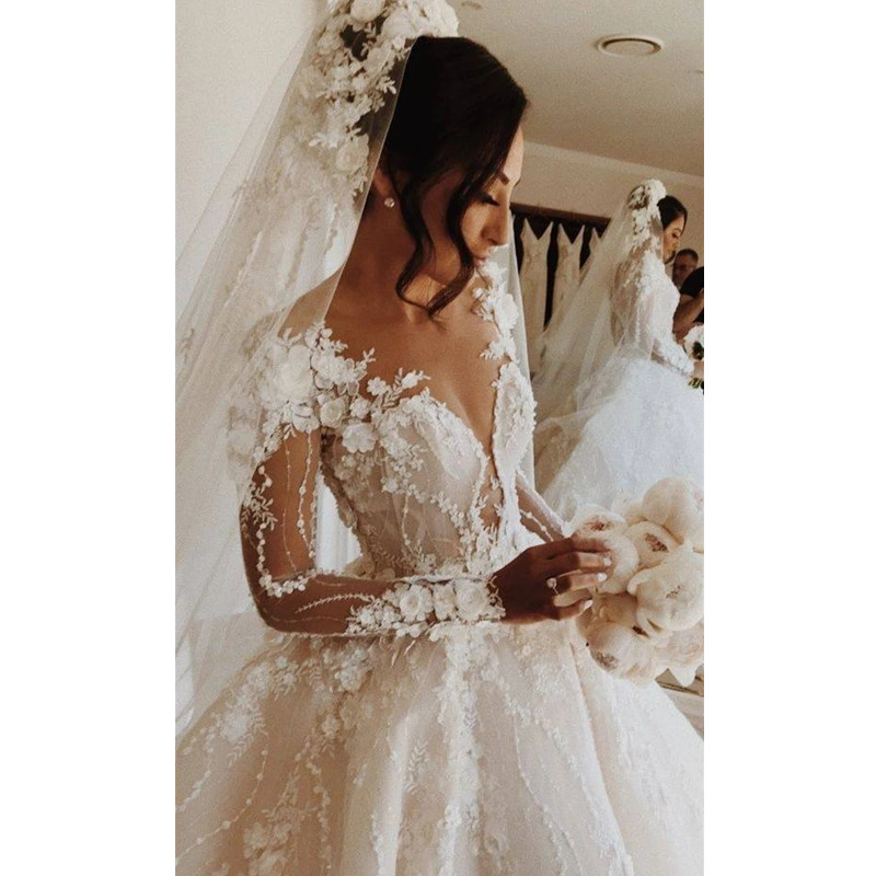 Full Beading Ball Dress Illusion Long Sleeve Open Back Wedding Gowns Bride Dresses 0523