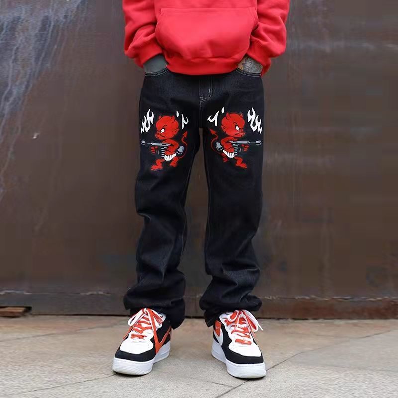 Mens Jeans Mens jeans American street little devil retro Y2K niche print black denim hiphop hip hop loose straight fried street trousers 220831