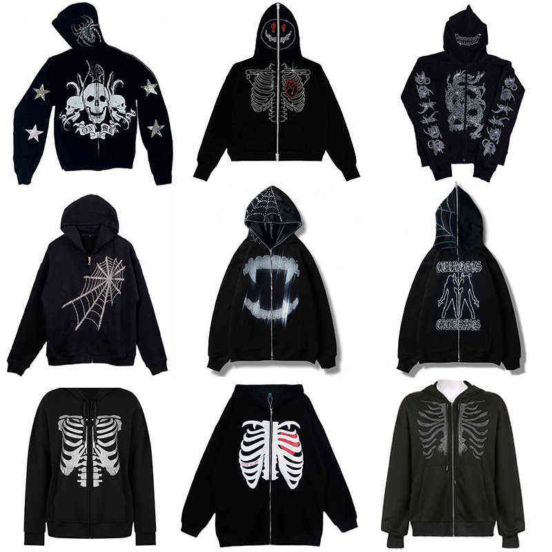 Men's Hoodies Sweatshirts Rhinestones Spider Web Skeleton Print Black Y2k Goth Long-sleeve Full Zip Hoodies Oversized Jacket American Fashion Hot-selling 220831H, 626-black
Men's Hoodies Sweatshirts Rhinestones Spider Web Skeleton Print Black Y2k Goth Long-sleeve Full Zip Hoodies Oversized Jacket American Fashion Hot-selling 220831H, 626-black
