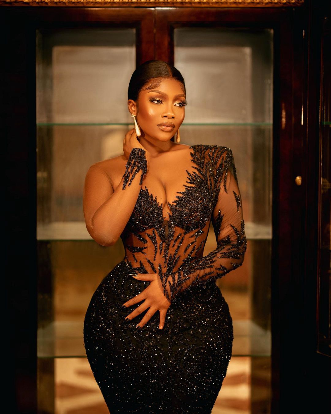 Sparkly Black Mermaid Evening Dresses 2023 Arabic African Lace Sequined Long Sleeve Women Plus Size Formal Prom Gowns