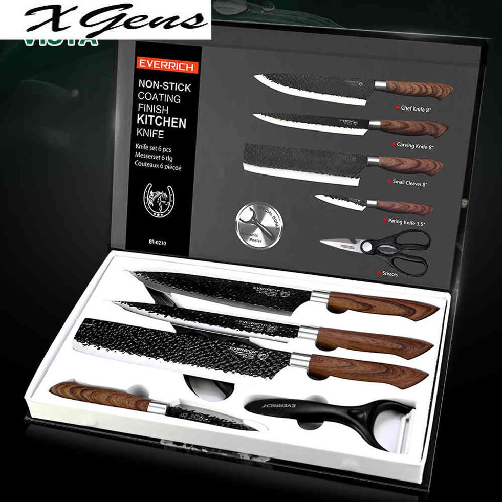 Kitchen Knives Set chef knives 6 sets Stainless Steel Forged Kitchen Knives Scissors Peeler Chef Slicer Paring Knife Gift Case216D