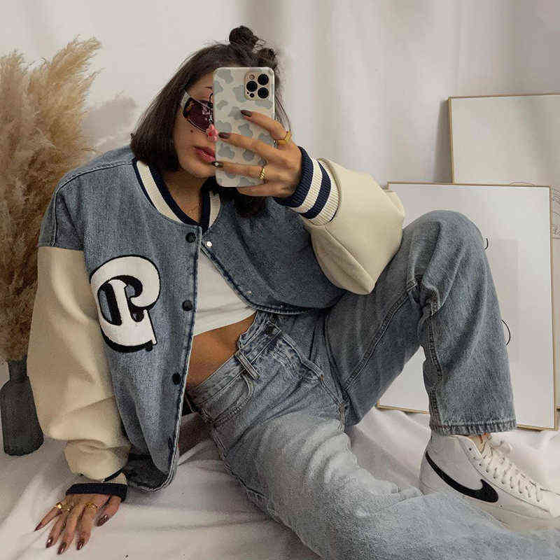 Women's Jackets Lygens Letter Embroidery Long Sleeve Denim Jacket Patchwork Pocket Loose Oversize Streetwear 2021 Women Autumn Winter Clothing T2