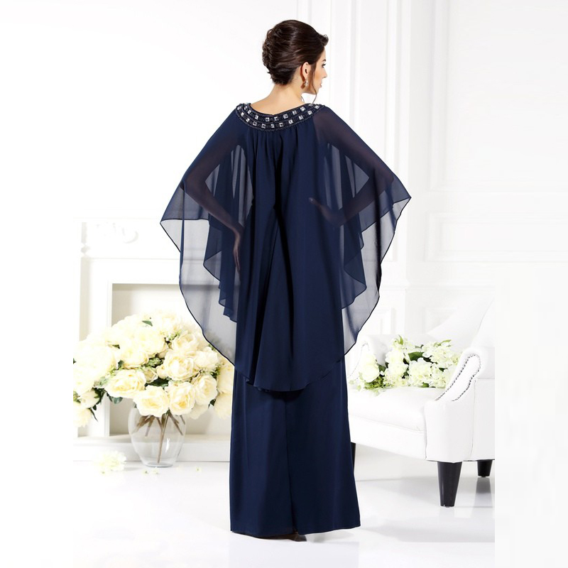 Unique Dark Navy Mother of the Bride Dresses With Chiffon Cape Beaded Jewel Neckline Formal Wedding Party Gowns Floor Length Groom Mom EVening Dress 2