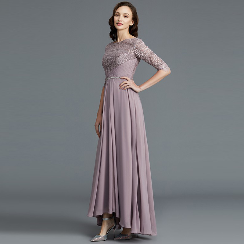 High Low Lace Mother of the Bride Suits Dresses With Jacket 2022 Graceful Long Chiffon Wedding Party Gowns Three Quarter Sleeves Beaded Guests Prom Ev