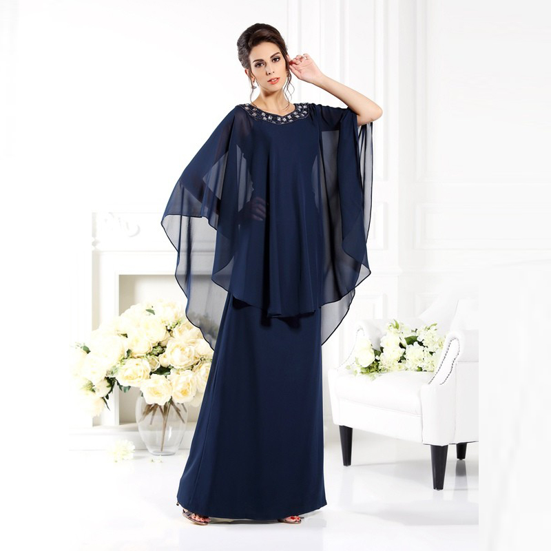 Unique Dark Navy Mother of the Bride Dresses With Chiffon Cape Beaded Jewel Neckline Formal Wedding Party Gowns Floor Length Groom Mom EVening Dress 2