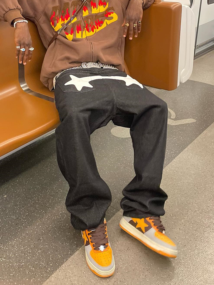 Mens Jeans Baggy Jeans Men Y2K Fashion Black Star Printed Trousers Bottoms Streetwear Casual Low Waist Loose Straight Denim Pants 220831