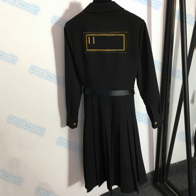 Embroidered Lettering Dresses Women Long Sleeve Pleated Dress Fashion Waist Belt Female Long Skirts