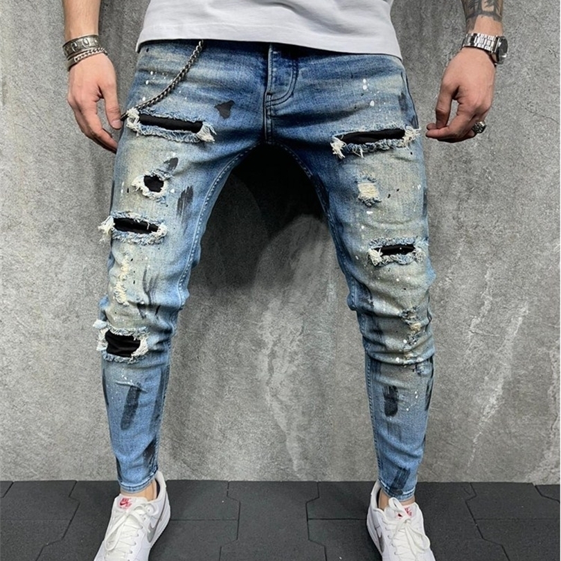 Mens Jeans SlimFit HIP HOP Ripped jeans Man Painted printed Pencil Denim pants fashion Patchwork Moto Biker Cowboy Beggar Trousers 220831