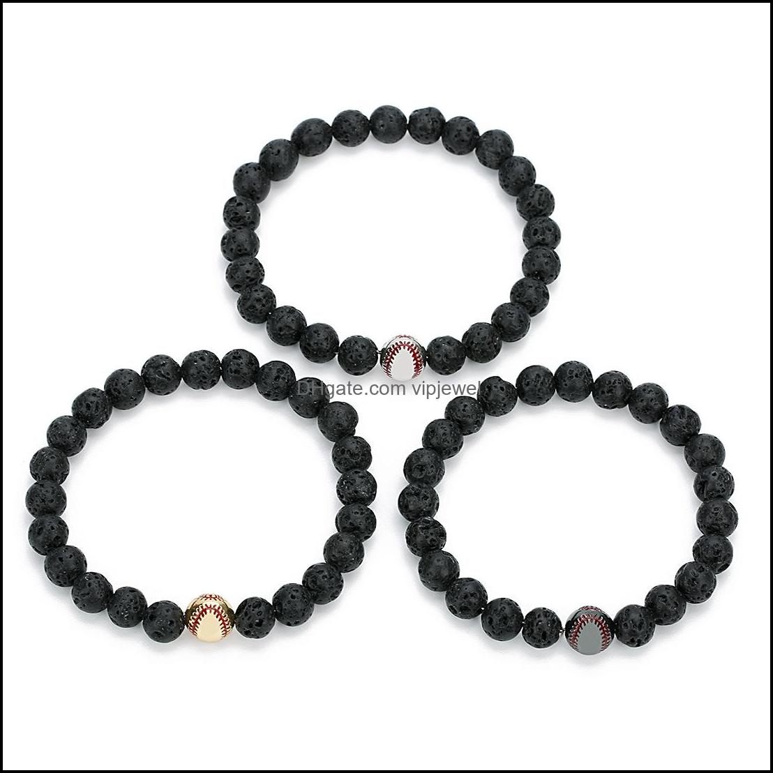 Charm Bracelets Copper Baseball Ball Charms Strand Bracelet 8Mm Black Lava Stone Beads Volcano Diy Essential Oil Diffuse Dhseller2010 Dh4Am