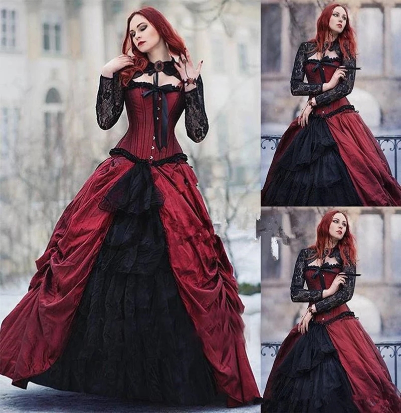Victorian burgundy and Black Wedding Dress with Jacket Plus Size Gothic Applique Lace-up Corset Pleated Beauty Bride Gowns