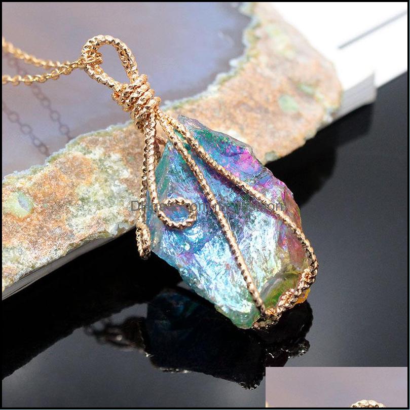 Pendant Necklaces Wire Wrapped Chakra Colorf Electroplated Stone Quartz Pendant Healing Crystal Energy Necklaces Fashion Dhseller2010 Dhmkh
