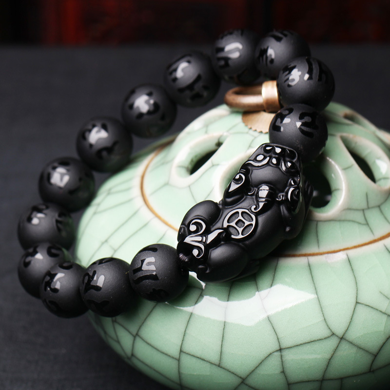 Bangle Natural Black Obsidian Matte PiXiu Beaded Charm Bracelet Brave Troops SixWord Mantra Wealth Pi Yao Bangle DIY Men Women Jewelry 220831