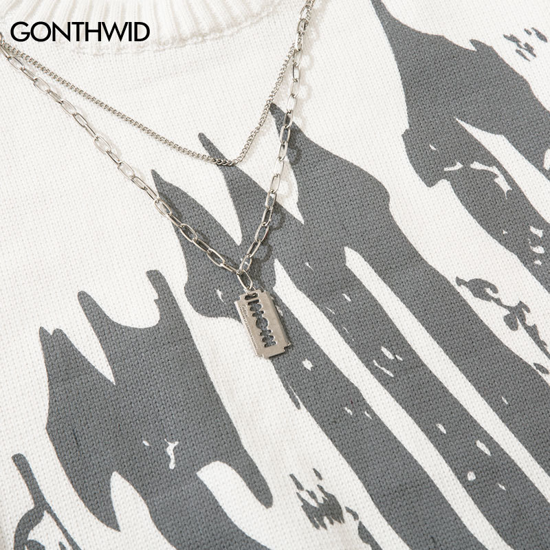 Men's Sweaters Hip Hop Knitted Sweater Harajuku Graffiti Ripped Hole with Chain Jumpers Sweater Autumn Korean Casual Pullover Sweaters 220831