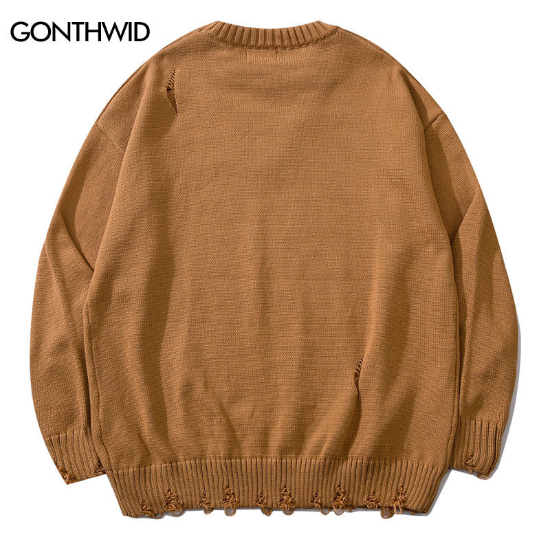 Men's Sweaters Hip Hop Knitted Sweater Harajuku Graffiti Ripped Hole with Chain Jumpers Sweater Autumn Korean Casual Pullover Sweaters 220831