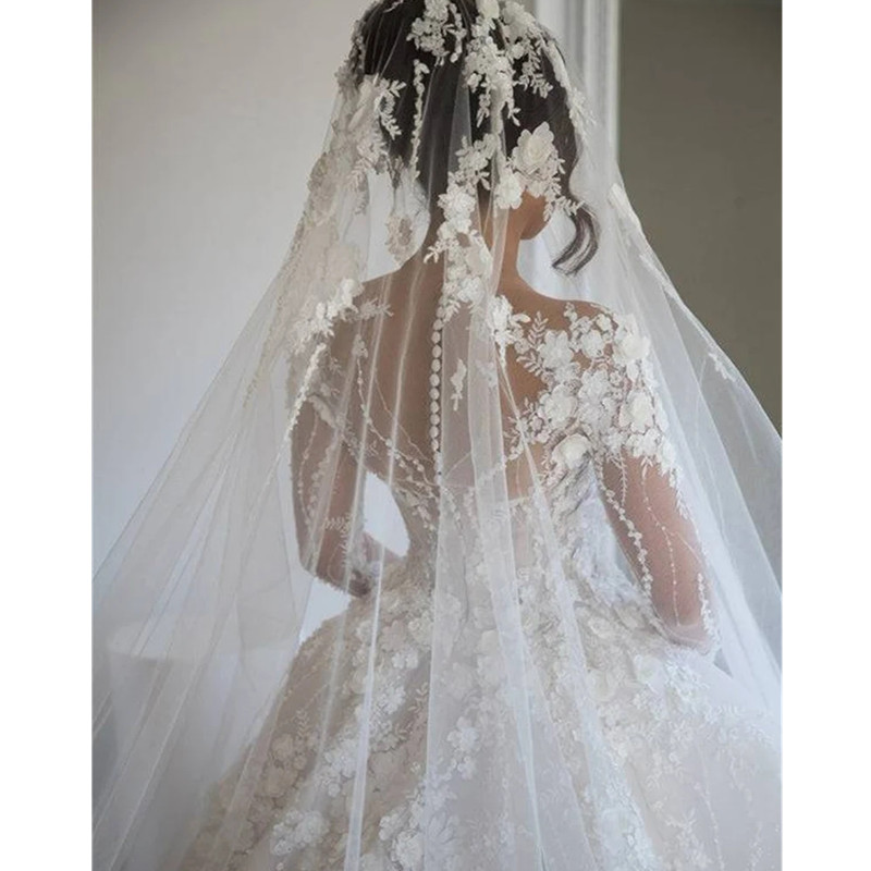Full Beading Ball Dress Illusion Long Sleeve Open Back Wedding Gowns Bride Dresses 0523