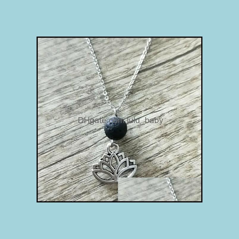Pendant Necklaces Lotus Flower Black Lava Stone Necklace Volcanic Rock Beads Diy Aromatherapy Essential Oil Diffuser Necklaces Women Dh1Ec