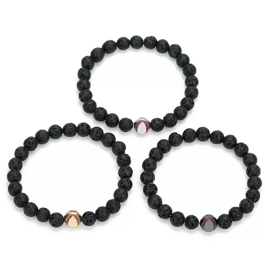 Charm Bracelets Copper Baseball Ball Charms Strand Bracelet 8Mm Black Lava Stone Beads Volcano Diy Essential Oil Diffuse Dhseller2010 Dh4Am