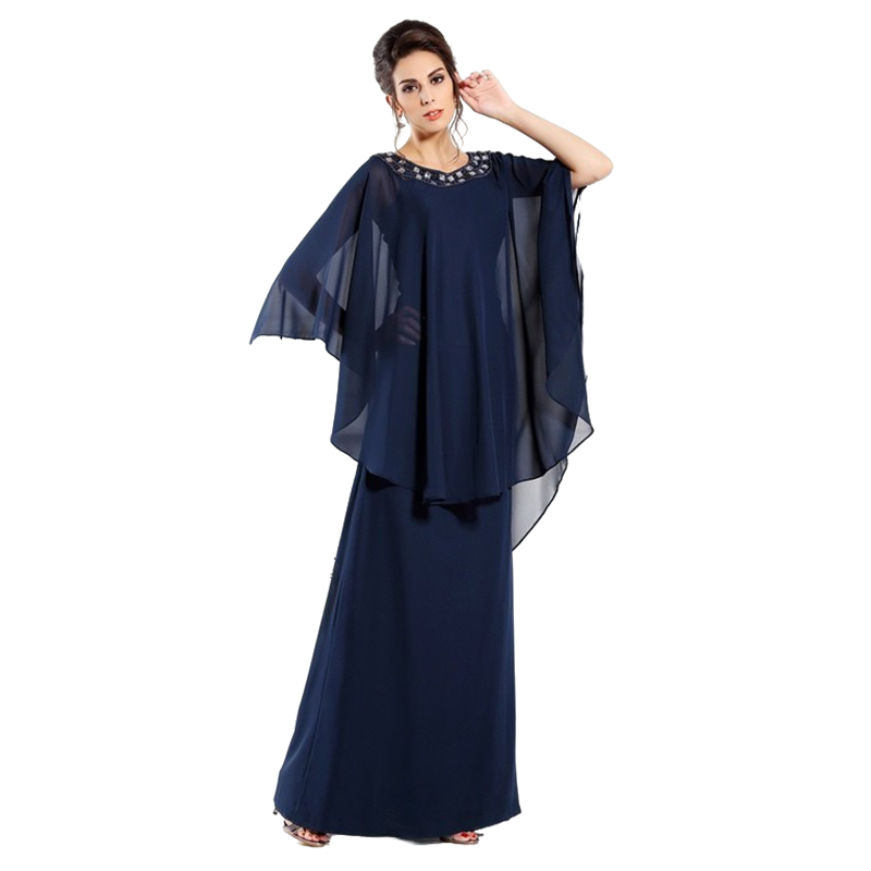 Unique Dark Navy Mother of the Bride Dresses With Chiffon Cape Beaded Jewel Neckline Formal Wedding Party Gowns Floor Length Groom Mom EVening Dress 2