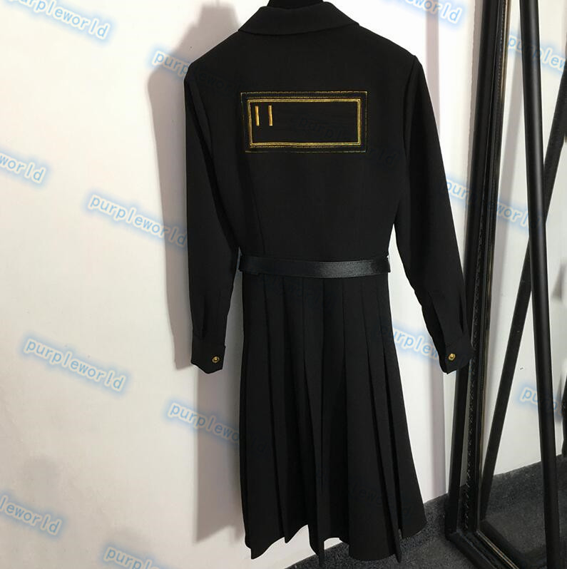 Embroidered Lettering Dresses Women Long Sleeve Pleated Dress Fashion Waist Belt Female Long Skirts