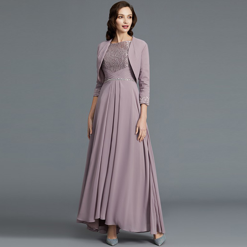 High Low Lace Mother of the Bride Suits Dresses With Jacket 2022 Graceful Long Chiffon Wedding Party Gowns Three Quarter Sleeves Beaded Guests Prom Ev