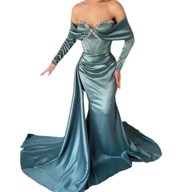 Dusty Blue Mermaid Evening Dresses Off Shoulder Long Sleeve Pleated Stain Arabic Aso Ebi Boning Prom Occasion Gown