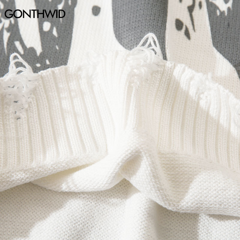 Men's Sweaters Hip Hop Knitted Sweater Harajuku Graffiti Ripped Hole with Chain Jumpers Sweater Autumn Korean Casual Pullover Sweaters 220831