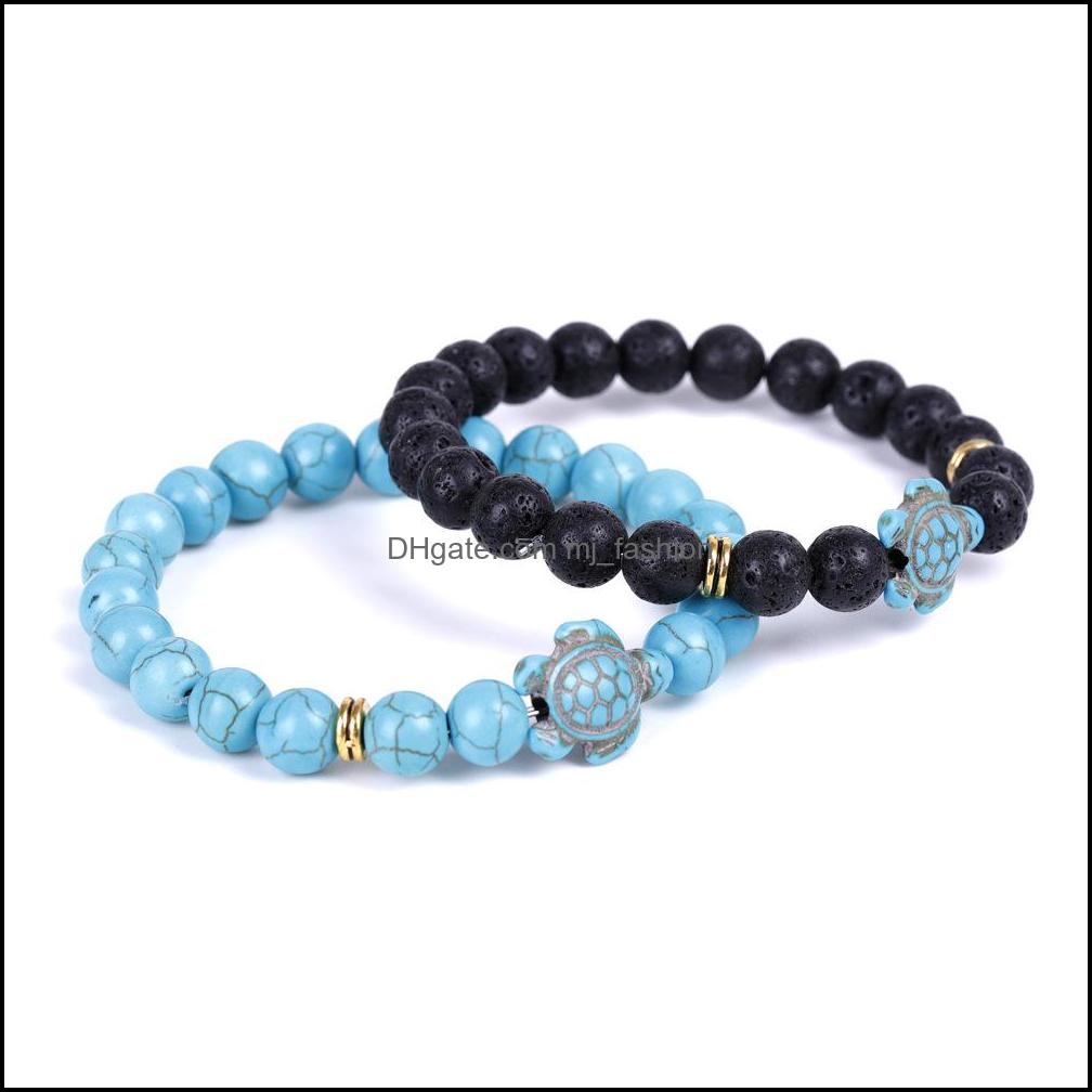 Charm Bracelets Sea Turtle Lava Beads Bracelets Classic 8Mm Turquoise Stone Elastic Friendship Bracelet Beach For Women Dhseller2010 Dhiyd