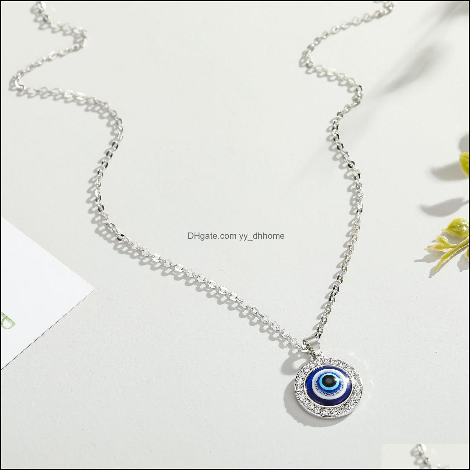 Pendant Necklaces Fashion Crystal Turkish Evil Eyes 14Mm Pendant Necklace For Women Girl Lucky Jewelry Elegant Clavicle Chain Short C Dhacf