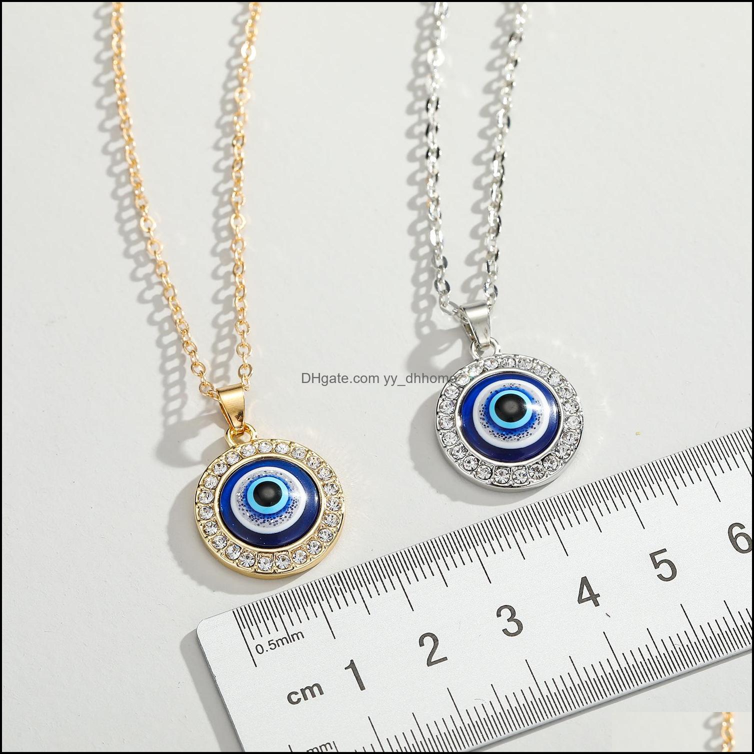 Pendant Necklaces Fashion Crystal Turkish Evil Eyes 14Mm Pendant Necklace For Women Girl Lucky Jewelry Elegant Clavicle Chain Short C Dhacf