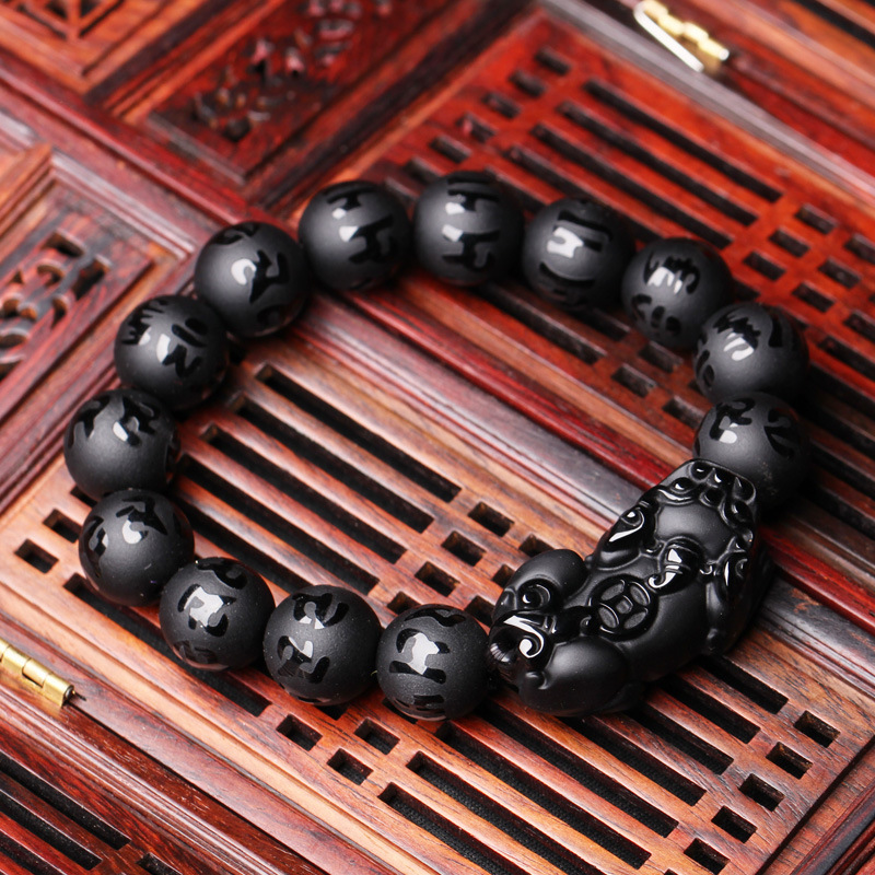Bangle Natural Black Obsidian Matte PiXiu Beaded Charm Bracelet Brave Troops SixWord Mantra Wealth Pi Yao Bangle DIY Men Women Jewelry 220831